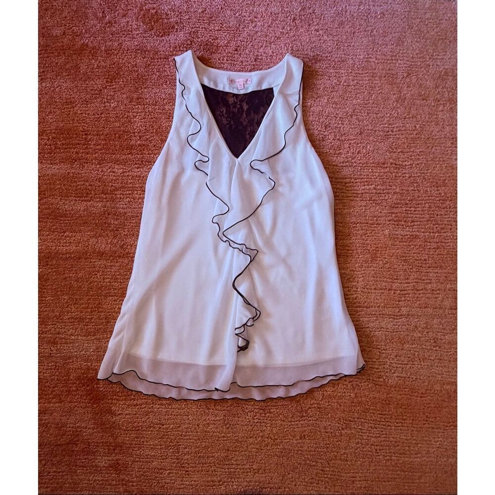 Free 2 Luv Ruffle Blouse Sleeveless Lace Back White Black Trim Size XL